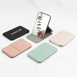 SAIYII High Quality Folding White Pu Leather Pocket Mirror Custom Logo Portable Standing Travel Pu Compact Mirror For Make up