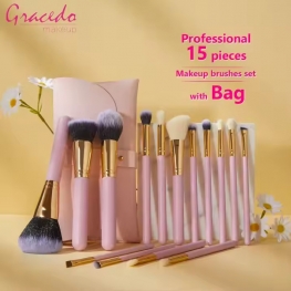 Gracedo Makeup Brush Set 15pcs Premium Cosmetic Brush Foundation Blush Concealer Eyeshadow Eyebrow Highlight Pink Make Up Brush